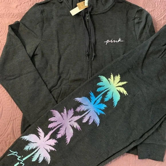 ❤️SOLD OUT❤️ Pink 2-Piece Shine Palm Zip Up Hoodie & Campus Sweatpants - Picture 3 of 8